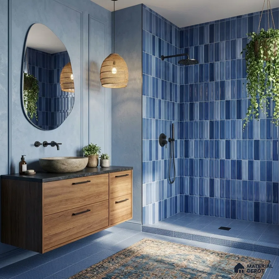 Modern bathroom with blue subway wall tiles, wooden floating vanity, and matte blue floor tiles
