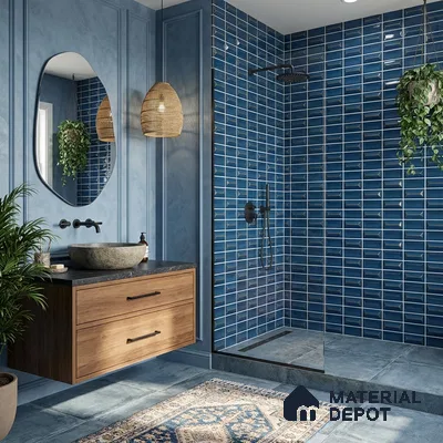 Modern bathroom with blue subway wall tiles, wooden floating vanity, and stone countertop