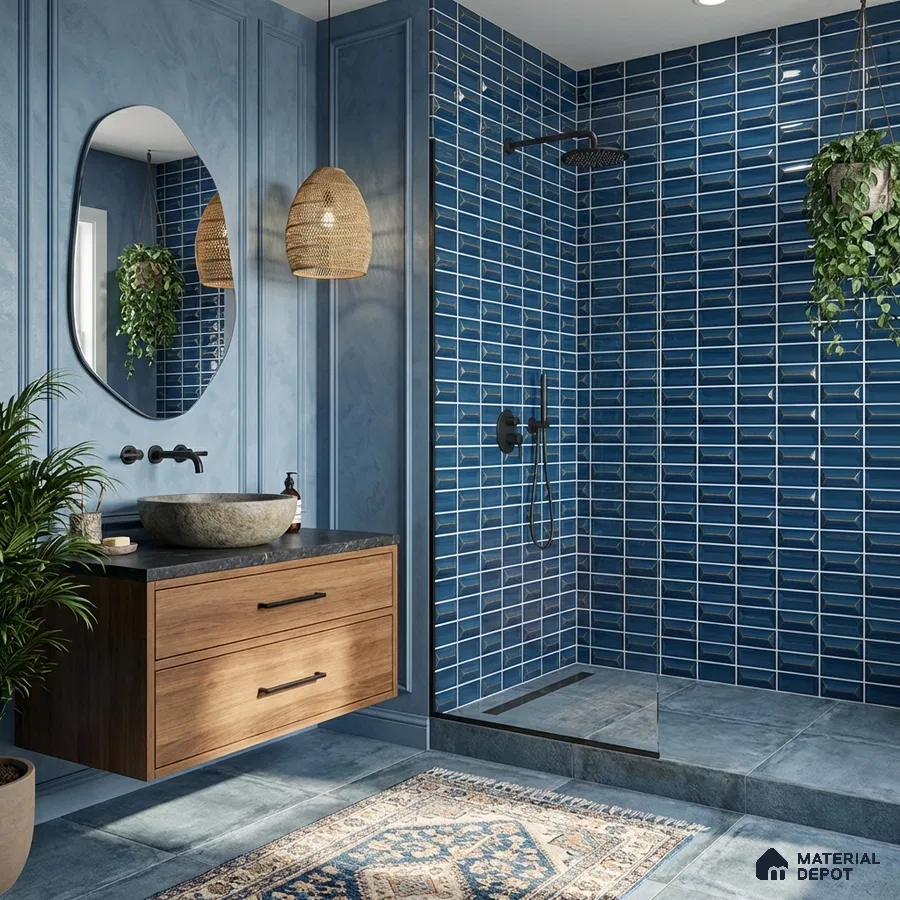 Modern bathroom with blue subway wall tiles, wooden floating vanity, and stone countertop