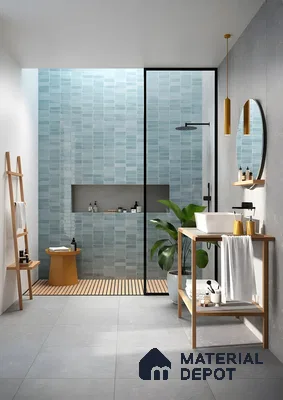 Modern Bathroom Design with Blue Textured Tile Prestige Serenity Shores Whitefield | Material Depot