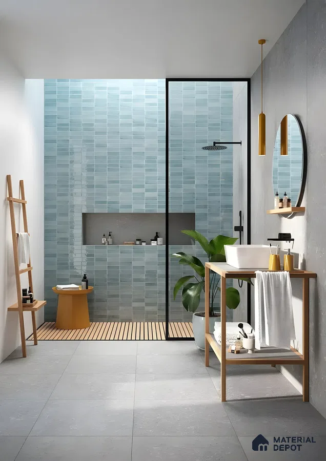 Modern Bathroom Design with Blue Textured Tile Prestige Serenity Shores Whitefield | Material Depot