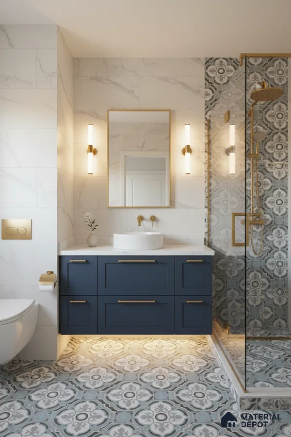 Modern bathroom with blue vanity, marble wall tiles, and patterned moroccan floor tiles in Bengaluru | Material Depot