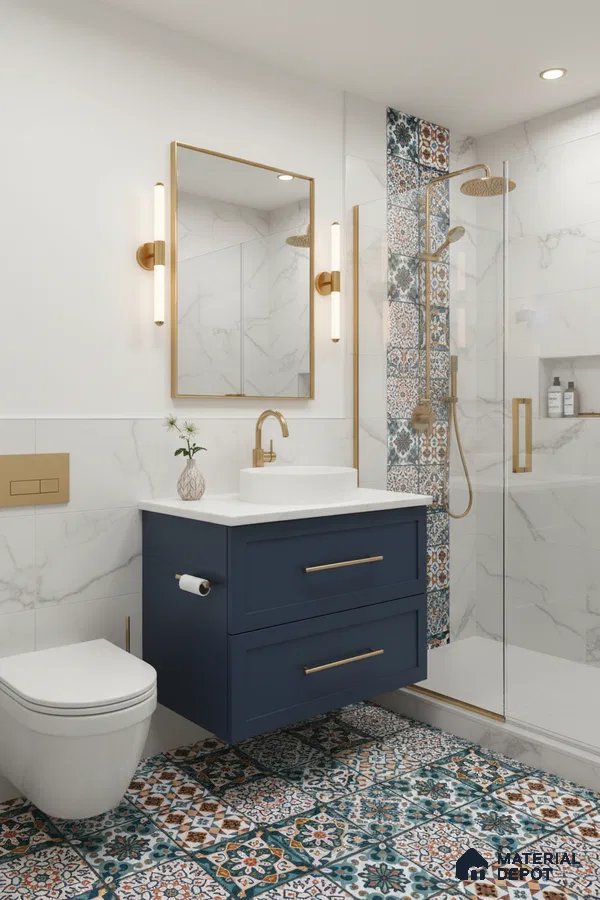 Modern bathroom with blue vanity, marble wall tiles, and patterned moroccan floor tiles in Bengaluru | Material Depot