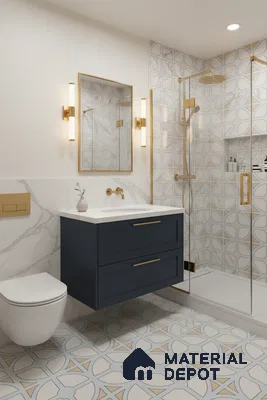 Modern bathroom with blue vanity, marble-look geometric wall tiles, and patterned floor tiles in Bengaluru | Material Depot