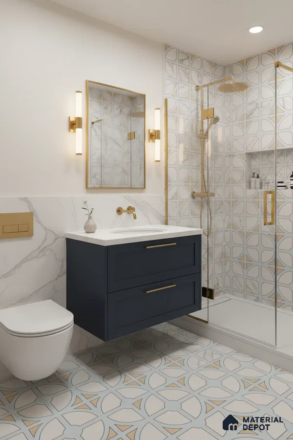 Modern bathroom with blue vanity, marble-look geometric wall tiles, and patterned floor tiles in Bengaluru | Material Depot
