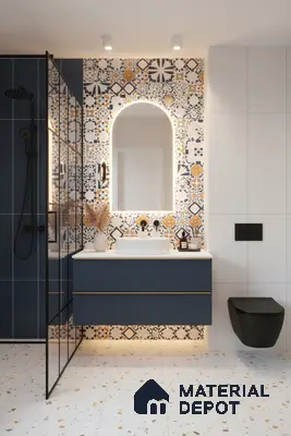 Modern bathroom with blue vanity, patterned moroccan highlighter wall tiles, and terrazzo floor tiles in Bengaluru | Material Depot