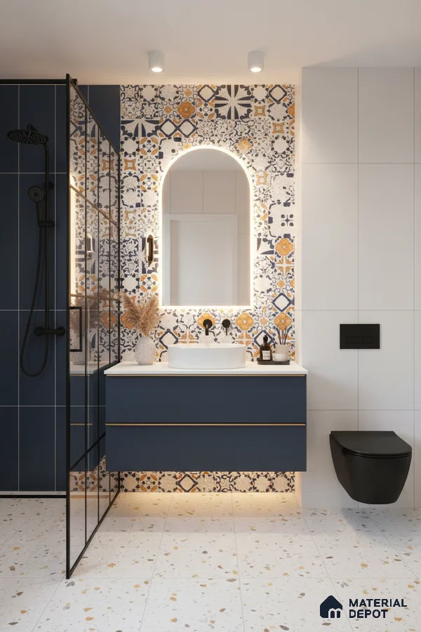 Modern bathroom with blue vanity, patterned moroccan highlighter wall tiles, and terrazzo floor tiles in Bengaluru | Material Depot