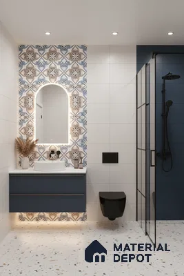 Modern bathroom with blue vanity, patterned moroccan wall tiles, and terrazzo floor tiles in Bengaluru | Material Depot