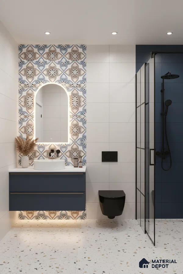 Modern bathroom with blue vanity, patterned moroccan wall tiles, and terrazzo floor tiles in Bengaluru | Material Depot