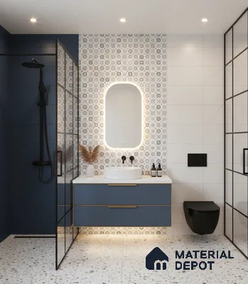 Modern bathroom with blue vanity, patterned wall tiles, and terrazzo floor tiles in Bengaluru | Material Depot