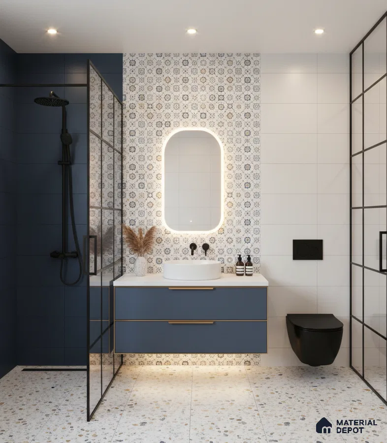 Modern bathroom with blue vanity, patterned wall tiles, and terrazzo floor tiles in Bengaluru | Material Depot