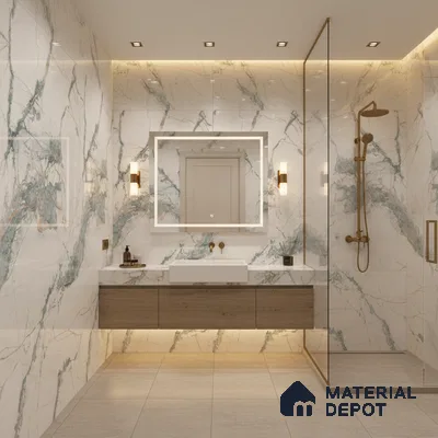 Modern bathroom with blue vein marble-look wall tiles, floating wood vanity, and beige floor tiles | Material Depot