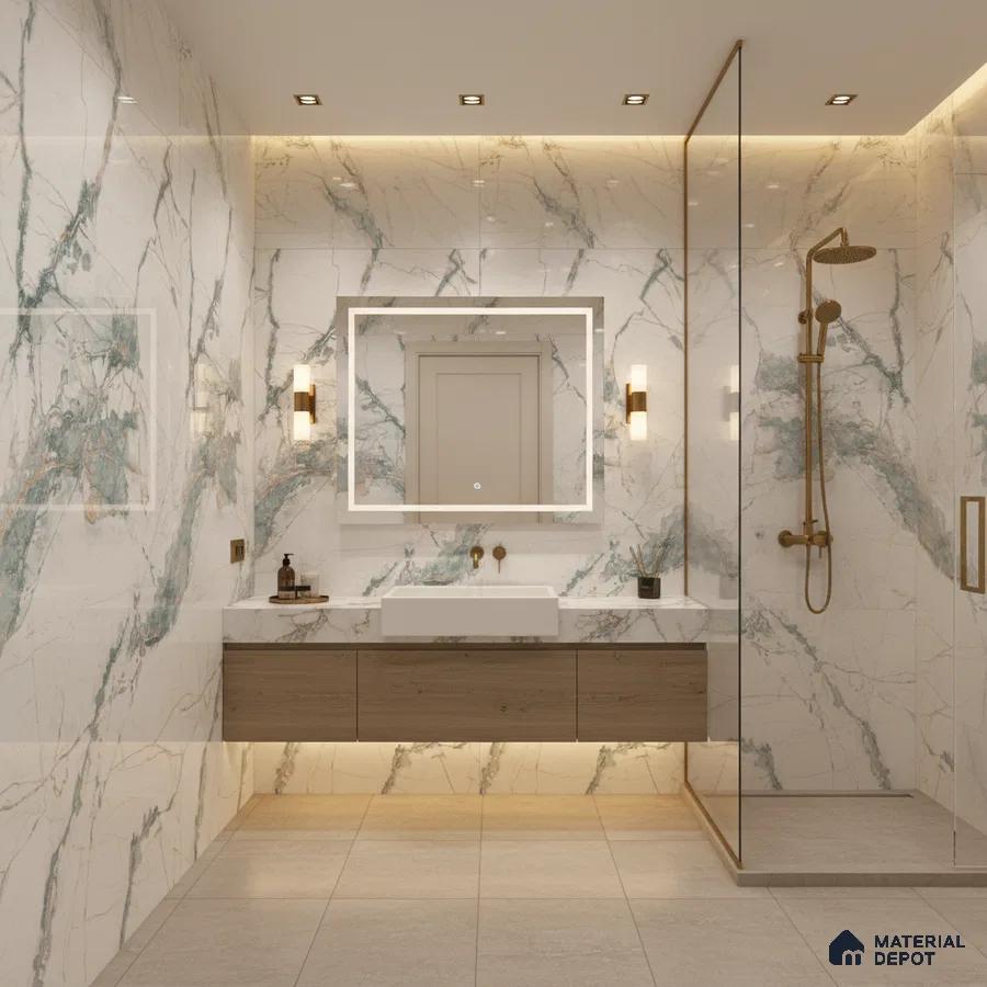 Modern bathroom with blue vein marble-look wall tiles, floating wood vanity, and beige floor tiles | Material Depot