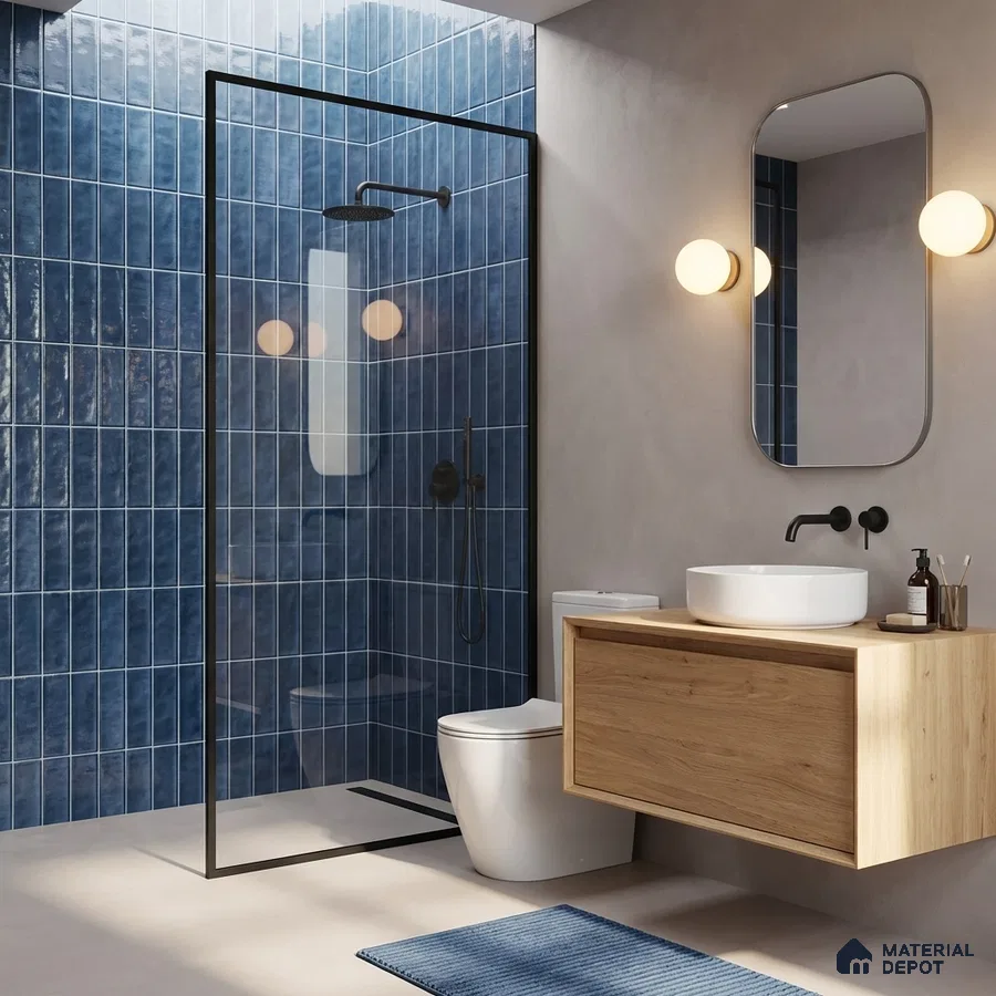 Modern bathroom with blue vertical subway wall tiles and light oak floating vanity