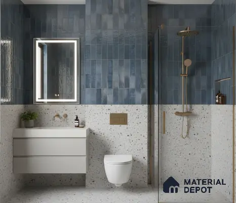 Modern bathroom with blue vertical subway wall tiles and terrazzo wall and floor tiles | Material Depot
