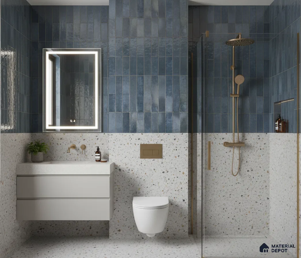 Modern bathroom with blue vertical subway wall tiles and terrazzo wall and floor tiles | Material Depot