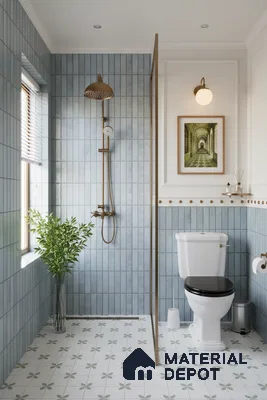 Modern bathroom with blue vertical subway wall tiles and white floral patterned floor tiles | Material Depot