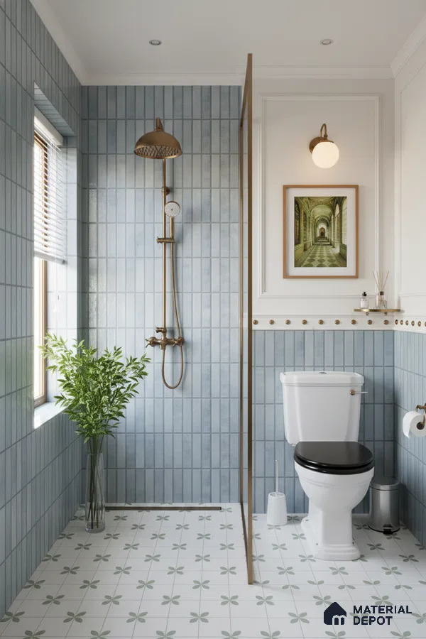 Modern bathroom with blue vertical subway wall tiles and white floral patterned floor tiles | Material Depot