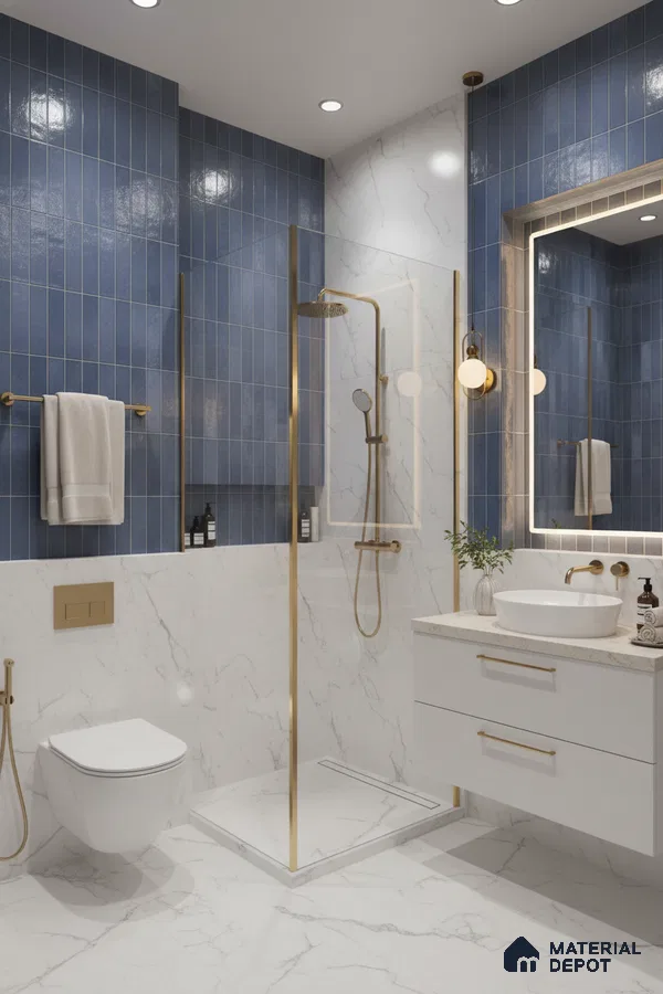 Modern bathroom with blue vertical subway wall tiles and white marble-look floor and wall tiles | Material Depot