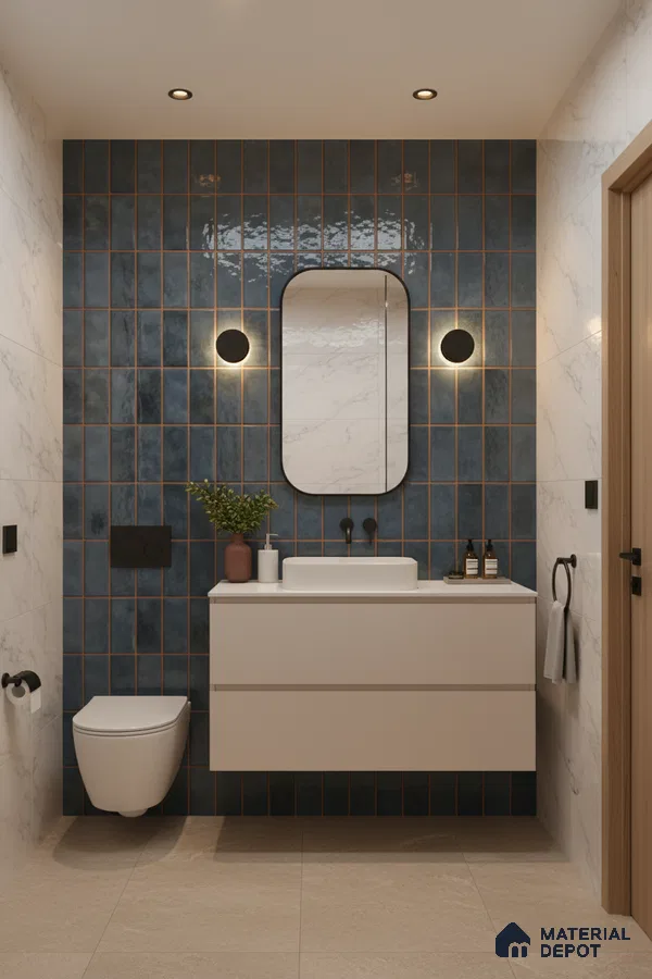 Modern bathroom with blue vertical subway wall tiles, marble-look wall tiles, and beige floor tiles | Material Depot
