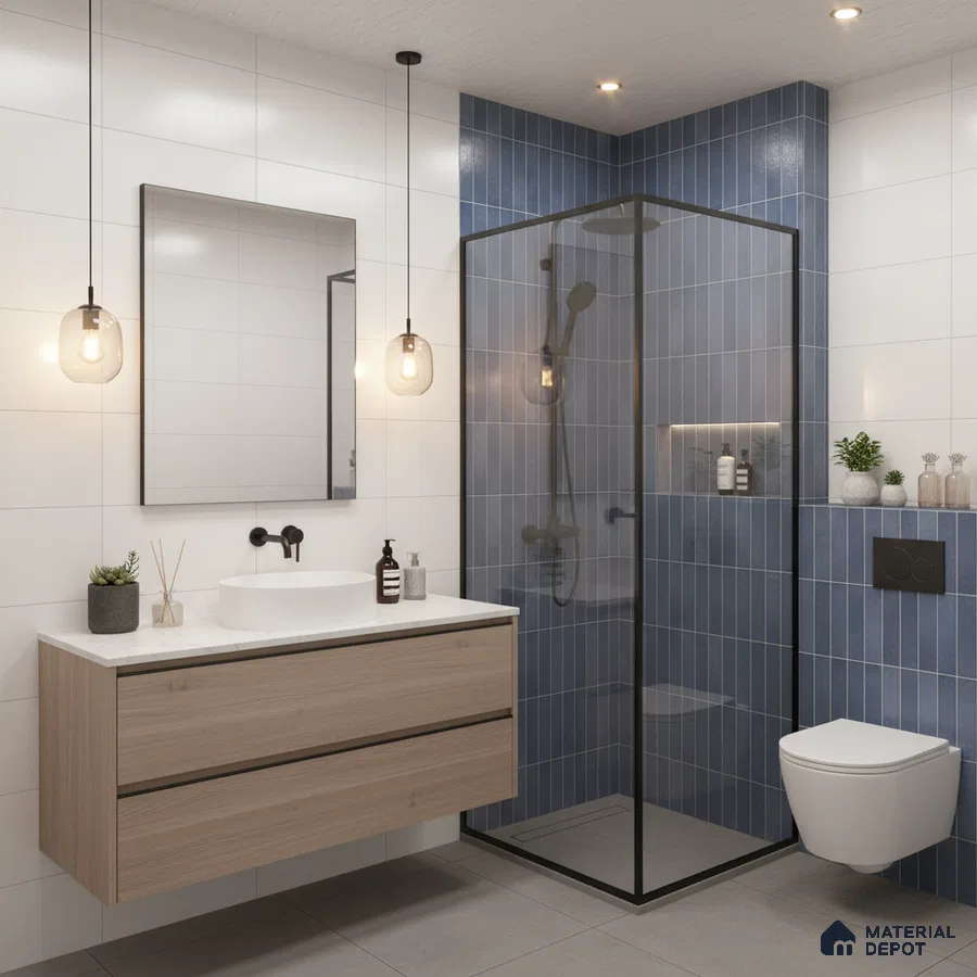 Modern bathroom with blue vertical subway wall tiles, white wall tiles, and light wood floating vanity | Material Depot