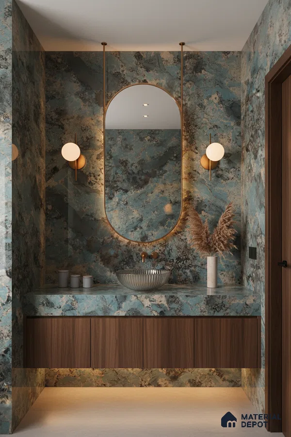 Modern bathroom with blue-green marble-look wall tiles and walnut brown floating vanity | Material Depot