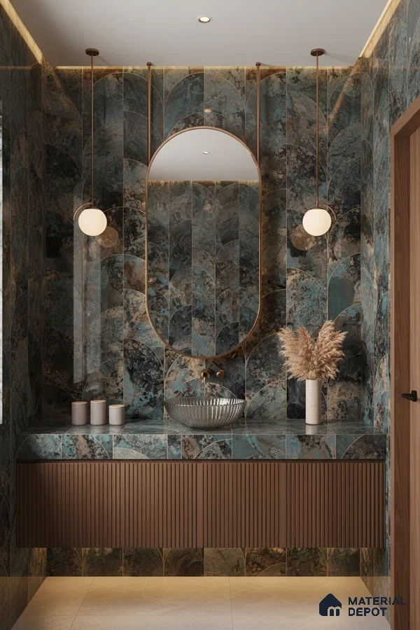 Modern bathroom with blue-green patterned wall tiles and fluted wood vanity | Material Depot