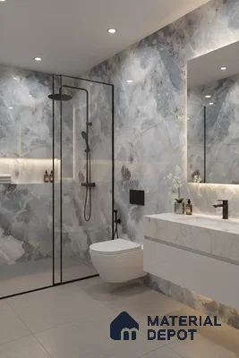 Modern bathroom with blue-grey marble look wall tiles and white marble vanity | Material Depot