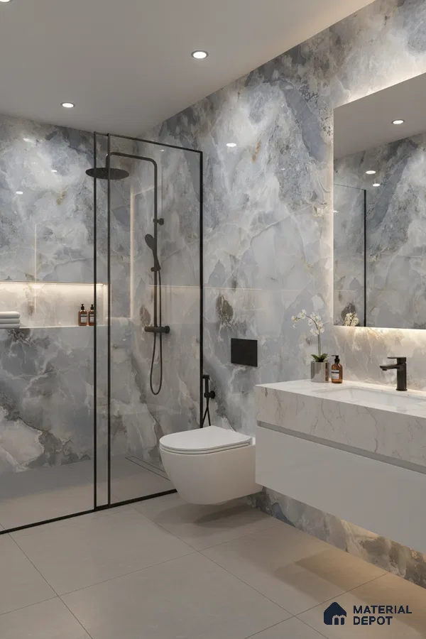 Modern bathroom with blue-grey marble look wall tiles and white marble vanity | Material Depot