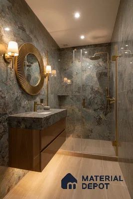 Modern bathroom with blue-grey marble look wall tiles, beige floor tiles, and wooden floating vanity | Material Depot