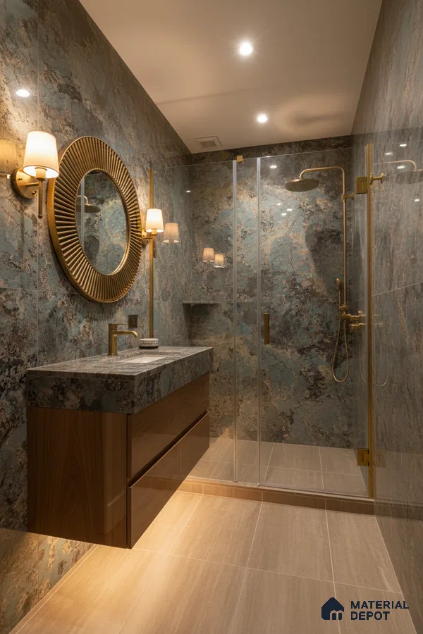 Modern bathroom with blue-grey marble look wall tiles, beige floor tiles, and wooden floating vanity | Material Depot