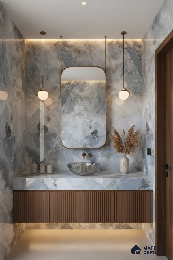 Modern bathroom with blue-grey marble wall tiles and fluted walnut vanity | Material Depot