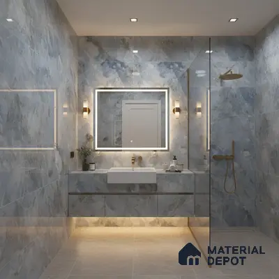 Modern bathroom with blue-grey marble-look wall tiles and beige matte floor tiles | Material Depot