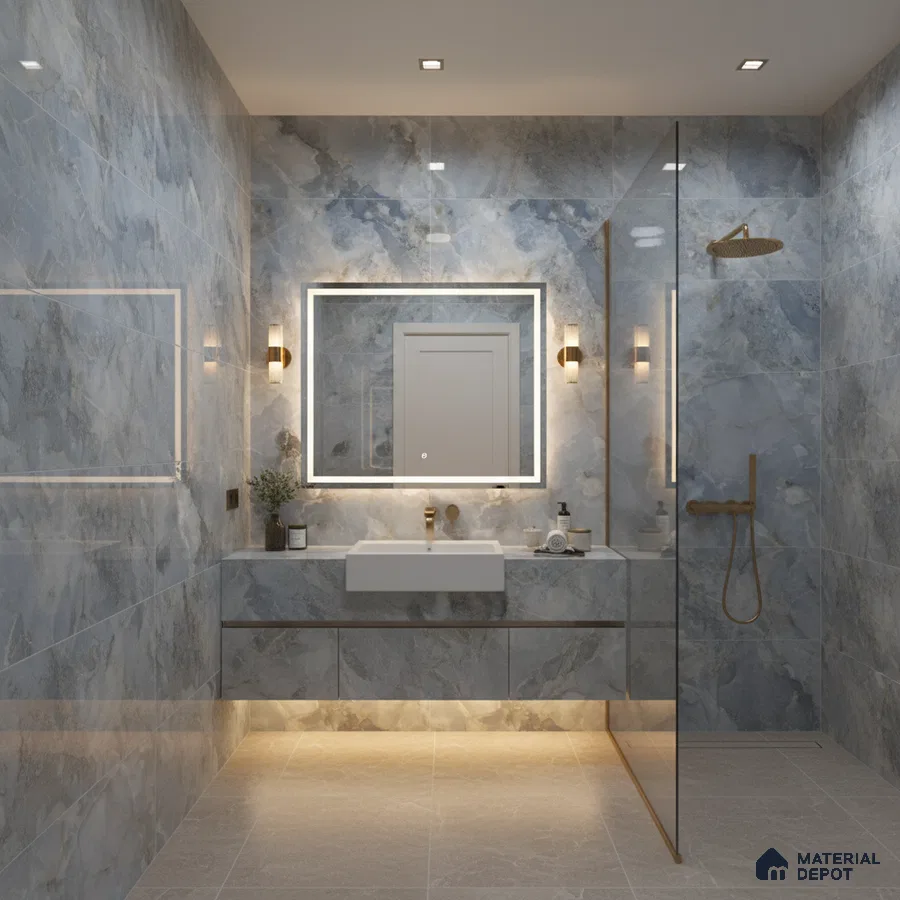 Modern bathroom with blue-grey marble-look wall tiles and beige matte floor tiles | Material Depot