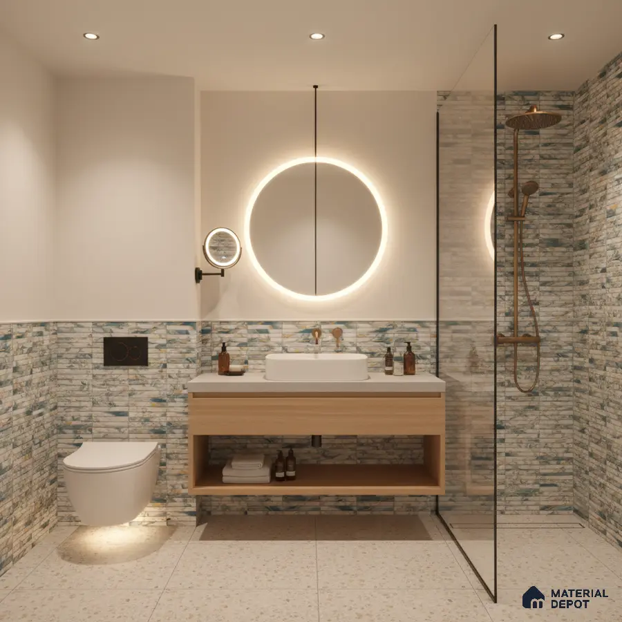 Modern bathroom with blue-grey stone look wall tiles, terrazzo floor tiles, and light wood vanity | Material Depot