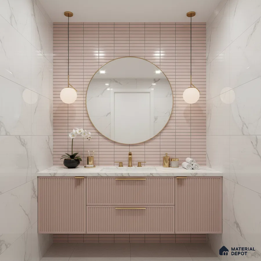 Modern bathroom with blush pink fluted vanity, pink kitkat wall tiles, and white marble wall tiles