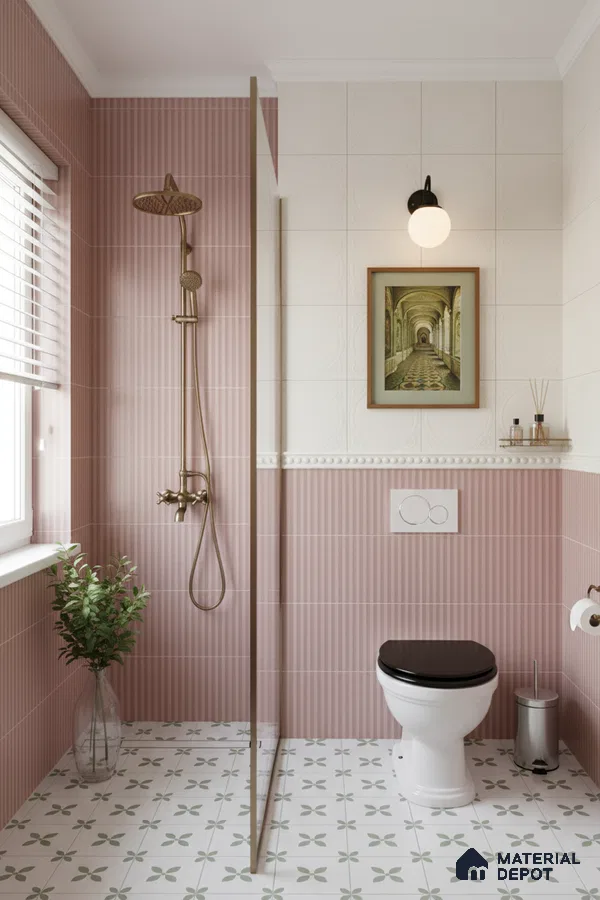 Modern bathroom with blush pink fluted wall tiles and patterned white and sage green floor tiles | Material Depot