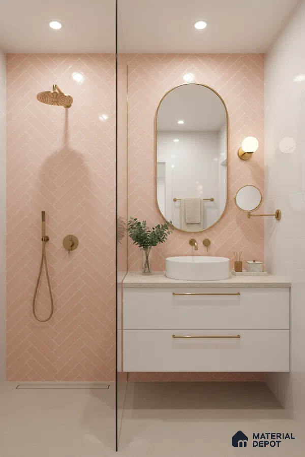 Modern bathroom with blush pink herringbone wall tiles and white floating vanity | Material Depot