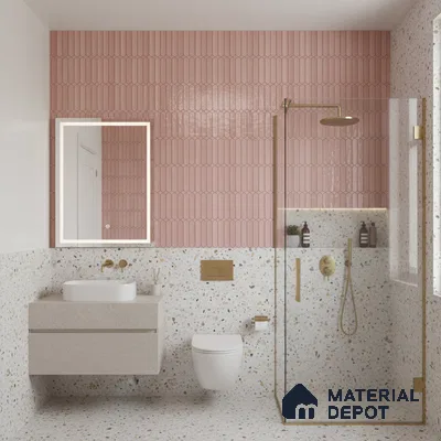 Modern bathroom with blush pink kitkat wall tiles and terrazzo wall and floor tiles | Material Depot