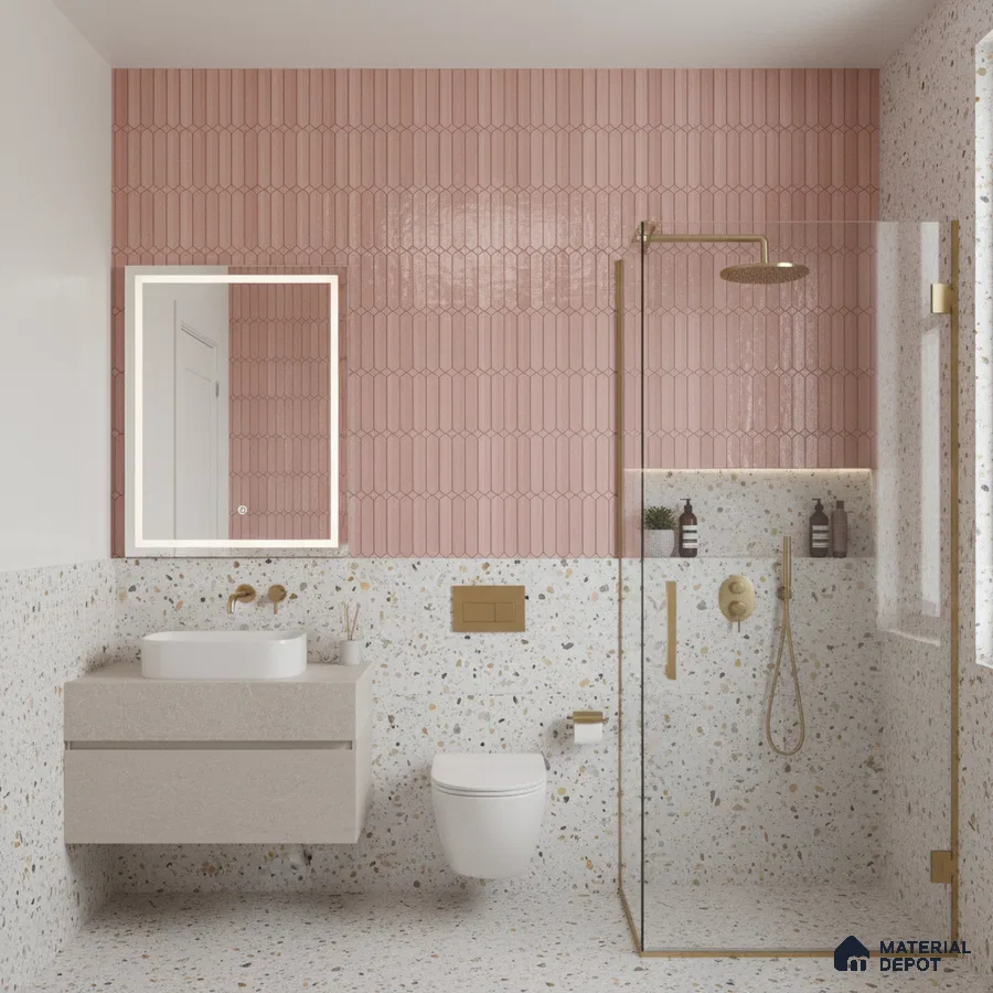 Modern bathroom with blush pink kitkat wall tiles and terrazzo wall and floor tiles | Material Depot