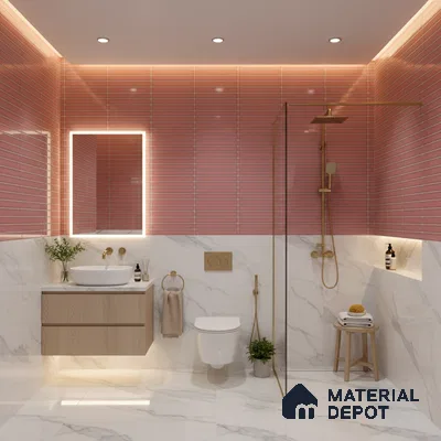 Modern bathroom with blush pink kitkat wall tiles, white marble-look tiles, and floating wood vanity | Material Depot