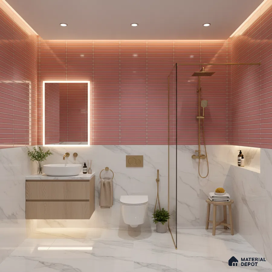 Modern bathroom with blush pink kitkat wall tiles, white marble-look tiles, and floating wood vanity | Material Depot