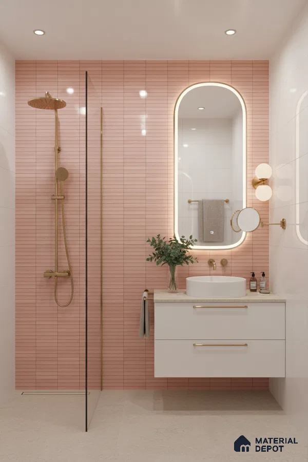 Modern bathroom with blush pink kitkat wall tiles, white vanity, and beige stone floor tiles | Material Depot