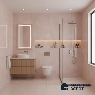 Modern bathroom with blush pink marble-look tiles and fluted wood vanity | Material Depot