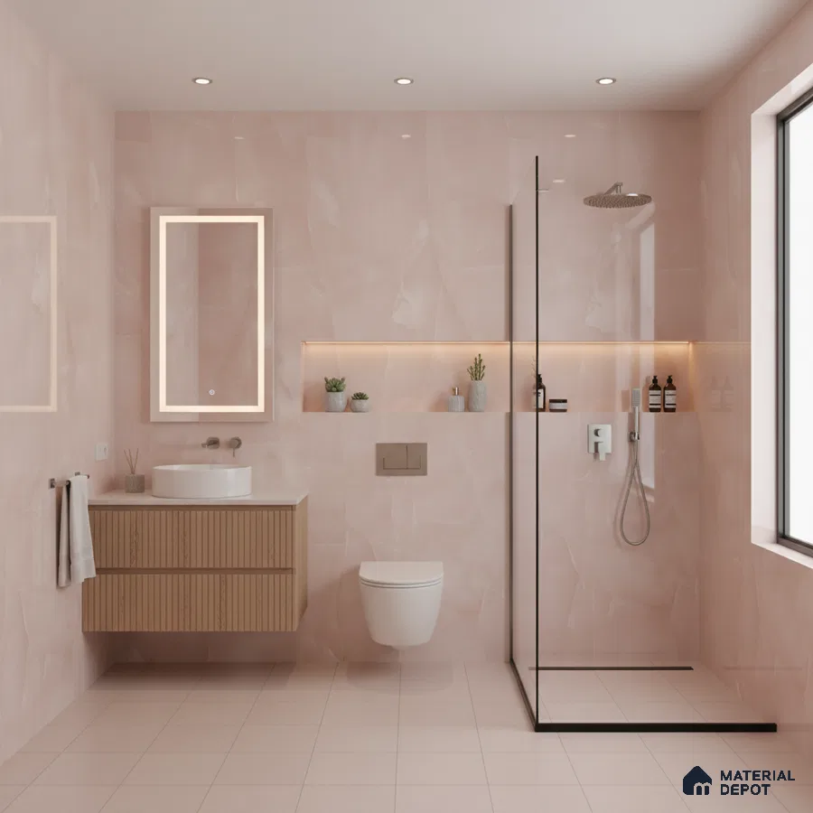 Modern bathroom with blush pink marble-look tiles and fluted wood vanity | Material Depot