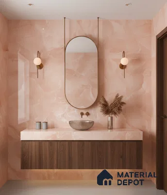 Modern bathroom with blush pink marble-look tiles and walnut wood floating vanity | Material Depot