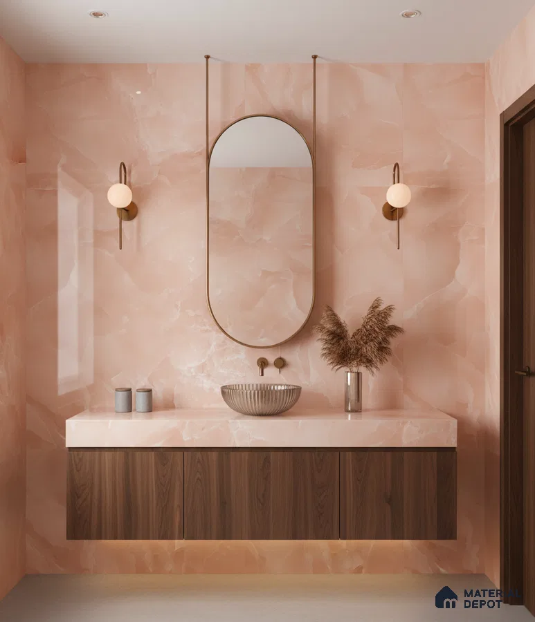 Modern bathroom with blush pink marble-look tiles and walnut wood floating vanity | Material Depot