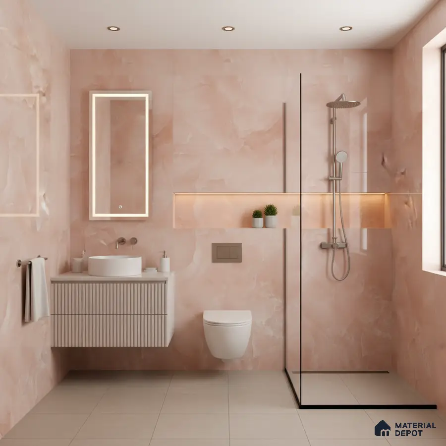 Modern bathroom with blush pink marble-look wall tiles and fluted vanity | Material Depot