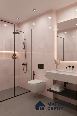 Modern bathroom with blush pink marble-look wall tiles and grey matte floor tiles | Material Depot