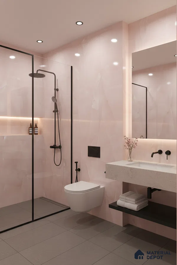 Modern bathroom with blush pink marble-look wall tiles and grey matte floor tiles | Material Depot